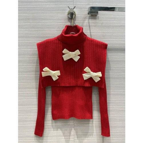 Autumn 2021 High-end Winter Women Sweater Pullover New Sweet Luxury Brand High-neck Cloak Bowknot Shawl Slim Two-piece Top