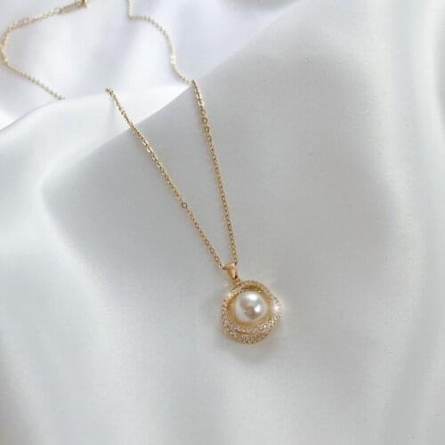 316L Stainless Steel Full Zircon Wrapped Pearl Gold Color Charms Choker Necklace For Women Fashion Trend Jewelry Gift SAN419