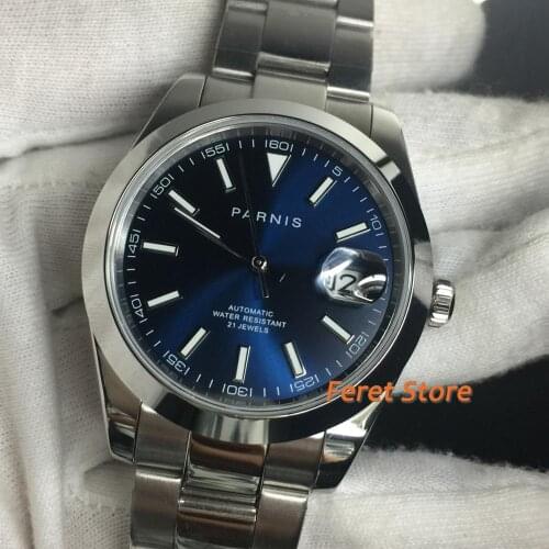 Parnis 40mm Stainless Silver Case Sapphire Glass Luminous Blue Dial Miyota Movement Automatic Mens Top Luxury Mechanical Watch