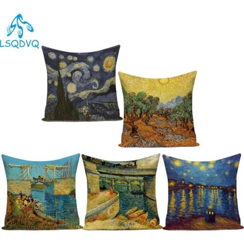 Polyester Van Gogh Art Oil Painting Pattern Decorative Pillows Sofa Cushion Cover for Living Room Decoration Pillowcase