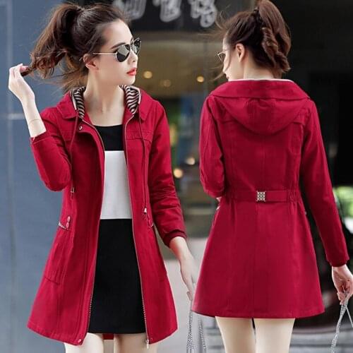 Women Jackets Autumn New Female Windbreaker Korean Fashion Waist Large Size Long Windbreaker Coat Female Hooded Jacket 4XL A986
