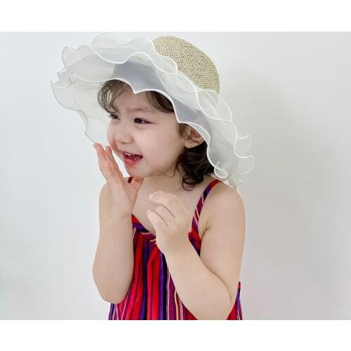 Lace Sun Hats For Child Wide Brim Straw Beach Side Cap Floppy Female Dome Hat Lace Fringe Straw Hat Kids Princess Summer Panama