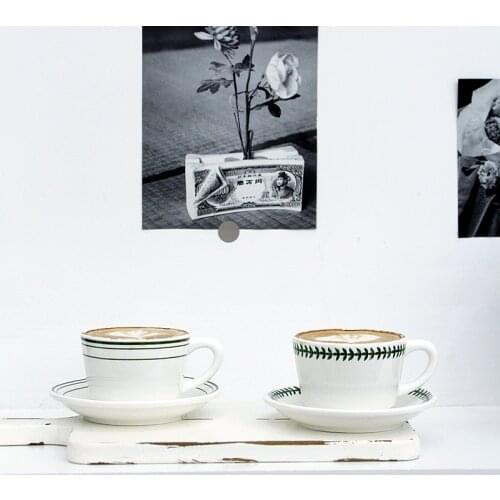 SWEETGO Coffee cups & Saucers set Green edge Style 9cm ceramics cups for afternoon tea Dessert Store Supplier