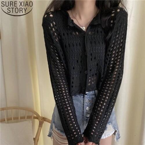 Outwear Pull Femme Spring New Korean Chic Sexy Hollow Out Knit Shirts Women Slim Fit Short Long Sleeve Cardigan Sueter 13483
