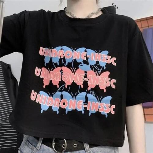 Women T-shirts Goth Streetwear Short Sleeve Top Tee Female Kawaii y2k mujer gothic футболка Harajuku butterfly Print Black Crop