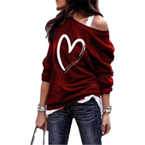 Umeko 2020 Autumn Sweatshirt Womens Casual Long Sleeve Off Shoulder Tops Love Heart Printed Pullover Jumper Hoodie Plus Size