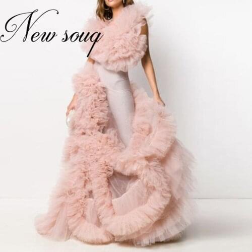 Blush Pink Ruffles Prom Dresses Vestidos Couture Dubai Tiered Long Evening Gowns V-neck Formal Party Dress 2020 Middle East Gown