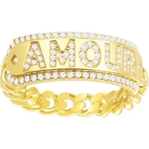 SLJELY Luxury Brand 925 Sterling Silver Yellow Gold Color Letter AMOUR Chain Ring Zirconia Stones Women Fine April Jewelry