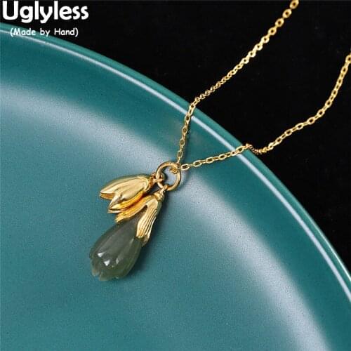 Uglyless Hetian Jade Magnolia Flower Pendants Necklaces NO Chain for Women Elegant Dress Jewelry Real 925 Silver Floral Necklace
