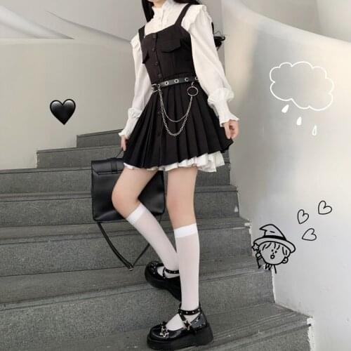 2021 New French Lady Suspender Dress Female Pleated Dark Black High Waist Temperament Was Thin Skirt Suit Kawaii Women Clothing