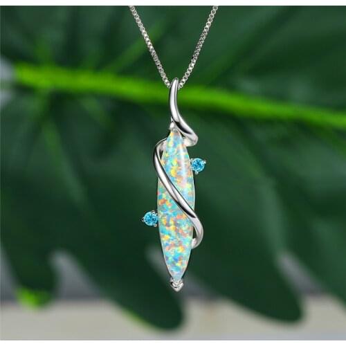 Female White Opal Wedding Necklace Blue Stone Big Leaf Pendant Necklace Vintage Rose Gold Silver Color Chain Necklaces For Women