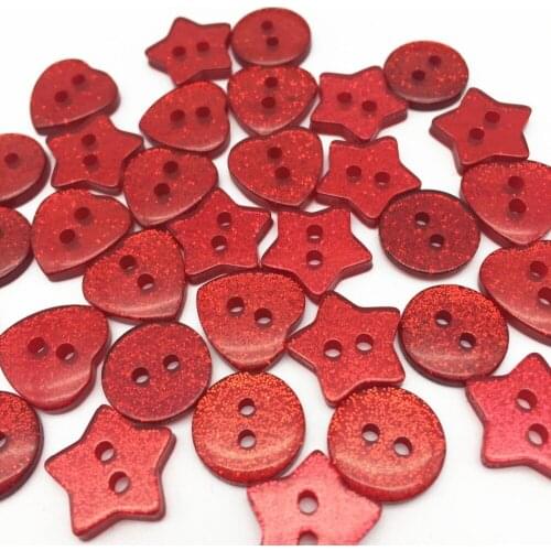 100pcs Red Glitter Heart Star Round Mixed 2 Holes Buttons Sparkle Shiny Sewing Clothing Accessories Christmas Embellishments