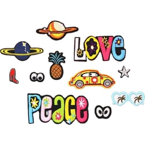 100pcs/lot Embroidery Patch Planet Pineapple Glasses Stars Love Peace Letter Clothing Decoration Sewing Accessory Iron Applique