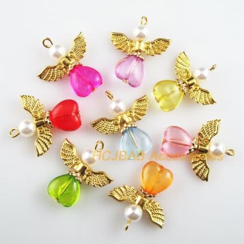 16 New Heart Angel Charms Mixed Acrylic Gold Color Wings Pendants 21x25mm