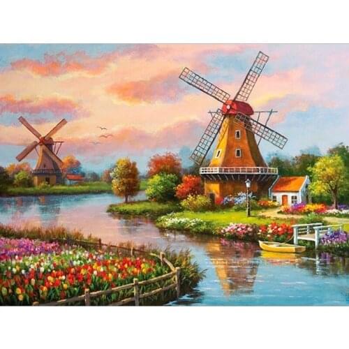 5D diy Diamond Painting Windmill Cross Stitch Full Round Dill Diamond Embroidery Landscape Mosaic Rhinestone picture Home Decor