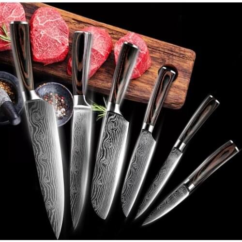 6pcs Set of Knives 3.5" 5" 7" 8" Chef Slicing Knife Japanese Knife Utility Santoku Paring Kitchen Knives Damascus Sharp Knife