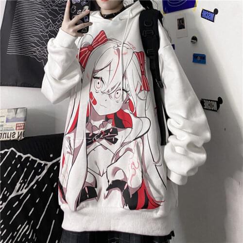 White Cartoon Hoodie Sweatshirt Girl Women Loose Punk Hip Hop Tops Cute Funny Oversize Korean High Street Gothic Hoodies Coat
