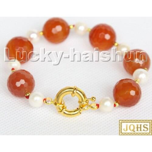 Natural 8" 14mm round diced faceted red agates white pearls Bracelet c204