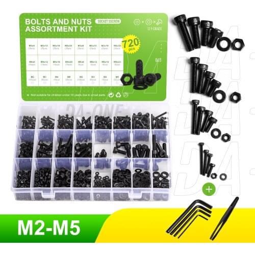 M2 M3 M4 M5 Black Carbon Steel Socket Round Flat Head Screws Hex Nuts Retaining Gasket Washers Set 720 Pcs Diy Hand Tools Kit