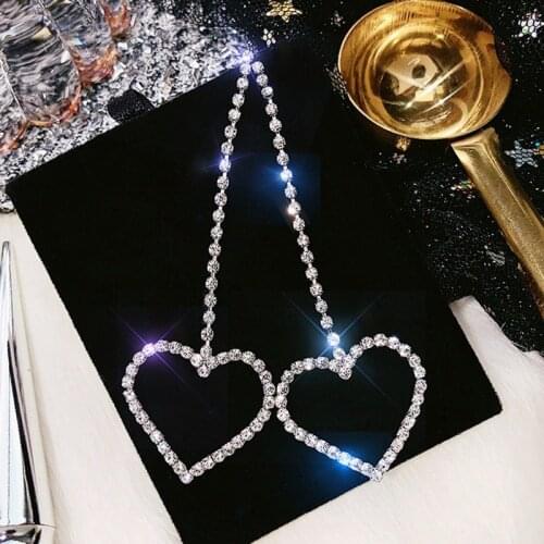 Long Luxury Rhinestone Earrings For Women Big Heart Crystal Simple Korean Statement Dangle Wedding Earring Jewelry Party
