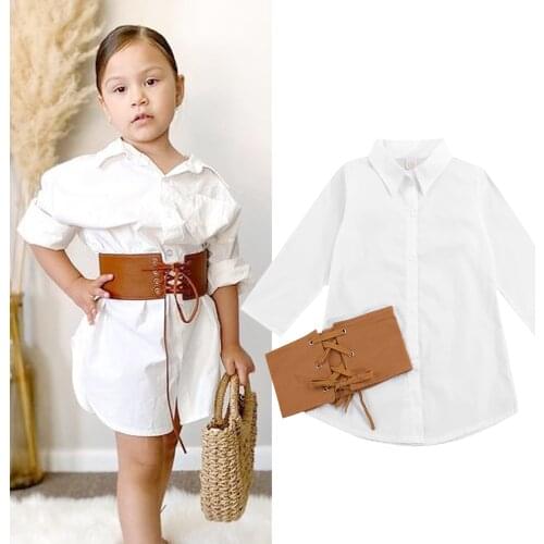 FOCUSNORM 2pcs Fashion Toddler Girls Dress Outfits 1-6Y Solid Long Sleeve Single Breasted A-Line Shirt Dress+Bandage Vest