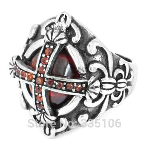 Red Cubic Zirconia Cross Ring Red Rhinestone Stainless Steel Jewelry Fashion Flower Celtic Knot Biker Ring Wholesale SWR0365A