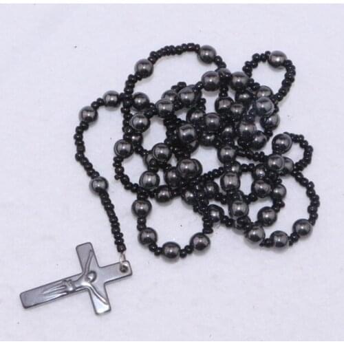 High quality men jewelry newest design hematite ball beads stainless steel cross rosary necklaces