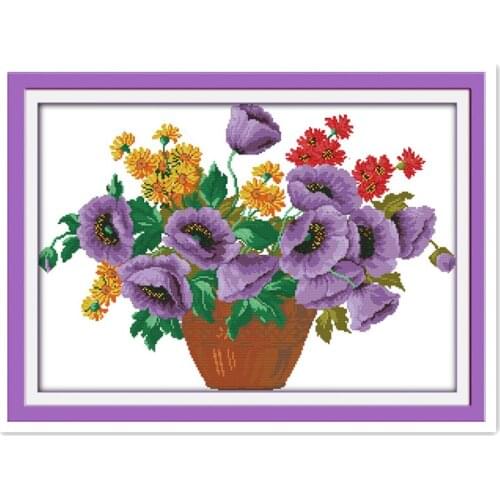 Plant Flower Series Purple Potted Cross Stitch Kit 11CT 14CT Complete needle, thread, embroidered cloth, drawing manual