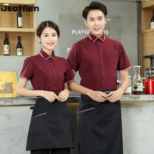New Western-Style Cafe Waiter Overalls Short Sleeved Hotel Food Service Waiter Uniform Coffee Shop Waitress Uniform Cooking Suit