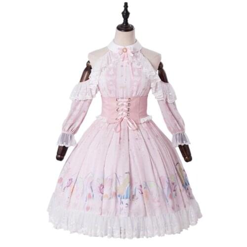 Pink sweet lolita dress vintage lace off shoulder cute printing princess tea party victorian dress kawaii girl gothic lolita op