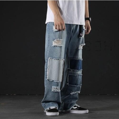 Hole Ripped Baggy Wide Leg Jeans Men Fashion Patchwork Straight Jeans Loose Fit Hip Hop Summer Denim Ankle Length Pants Blue