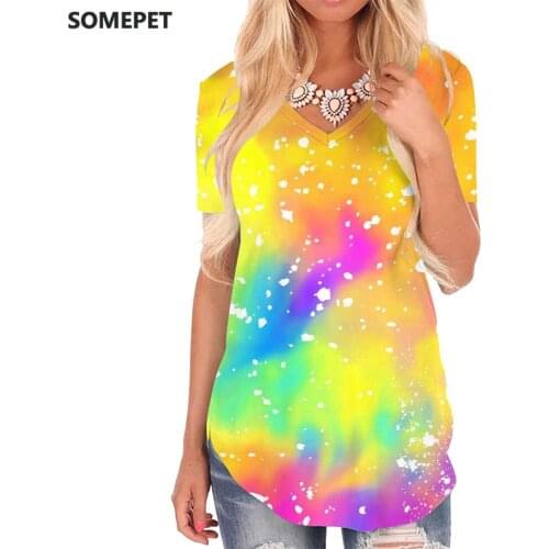 SOMEPET Tie Dye T-shirt women Gradient Shirt Print Colorful V-neck Tshirt Harajuku Tshirts Printed Womens Clothing Fashion Loose