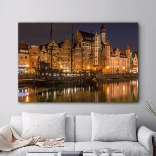 Modern Art Print Poster Houses Gdansk Poland Ships Sailing Night Canal Wall Picture Canvas Painting for Living Room Decor