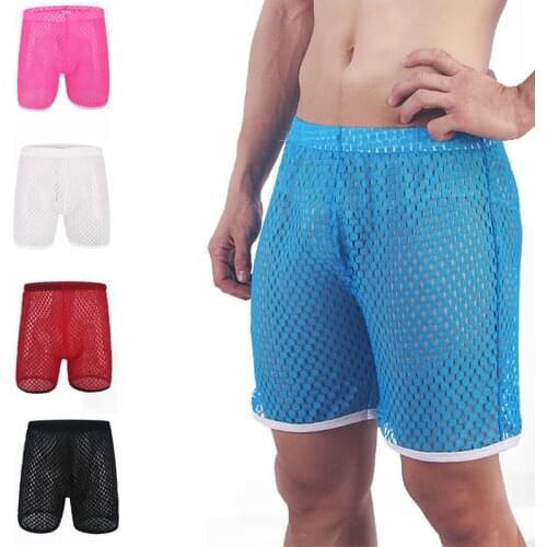 Mens Sexy Sleepwear Big Mesh Loose Boxer Hollow Out See Through Mens Home Pajamas Shorts Sleep Bottom Homme Pajamas