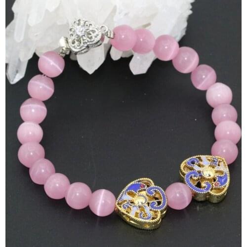 Bohemia style charming 8mm pink cat eyes round beads bracelets for women heart cloisonne clasp high grade jewelry 7.5inch B2735