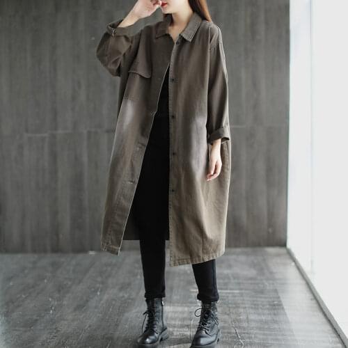 New Retro Loose Windbreaker Jacket Womens Casual Solid Color Wild Single-Breasted Mid-Length Long-Sleeved Shirt Coat k1320