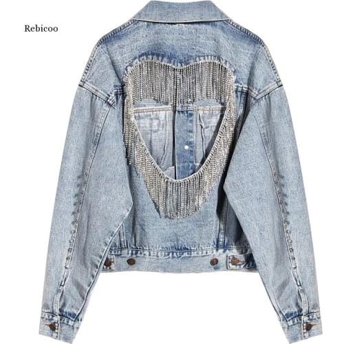Loose Fit Rhinestones Hollow Out Denim Jacket New Lapel Long Sleeve Women Coat Fashion Tide Spring Autumn
