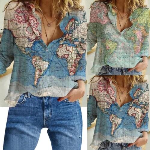 Map print Shirt Women 2021 Fashion Autumn Sping Lapel Button T-Shirt Casual Loose Top Ladies Long Sleeve Tops Dropshipping