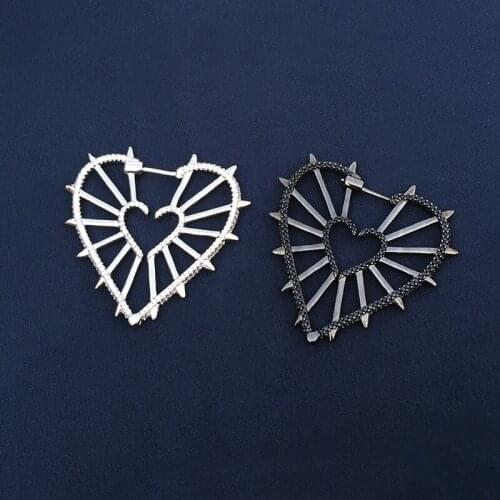 SLJELY Fashion Real 925 Sterling Silver Black Mono Geometric Heart Earring with Spikes Zirconia 1pc for Women Fine Brand Jewelry