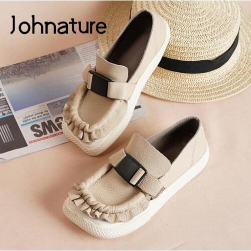 Johnature Spring/Autumn Flats Women Shoes Genuine Leather Square Toe 2021 New Handmade Concise Shallow Four Seasons Ladies Shoes