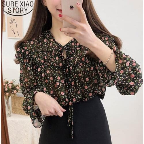 Women Floral Print Chiffon Shirts Casual Blouses Cardigan Ladies Tops Autumn Korean Puff Long Sleeve Blouse Bow Blusas10408