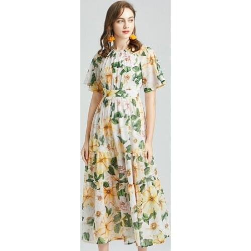 WTIANYUW 2021 New Summer Fashion Runway Chiffon Dress Women Ruched Floral Print Elegant Boho Holiday Party Maxi Long Dress