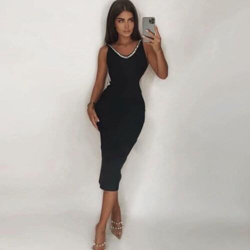 2021 New Good Quality Summer Women black o neck backless diamonds midi bandage Dress Party Eveing Dress Wholesale