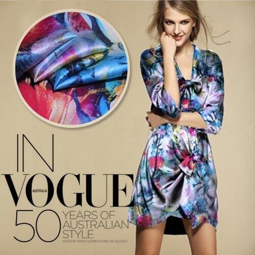 114cm wide 16.5mm 105cm 95% silk & 5% lycra blue print elastic silk satin fabric for dress shirt clothes 290