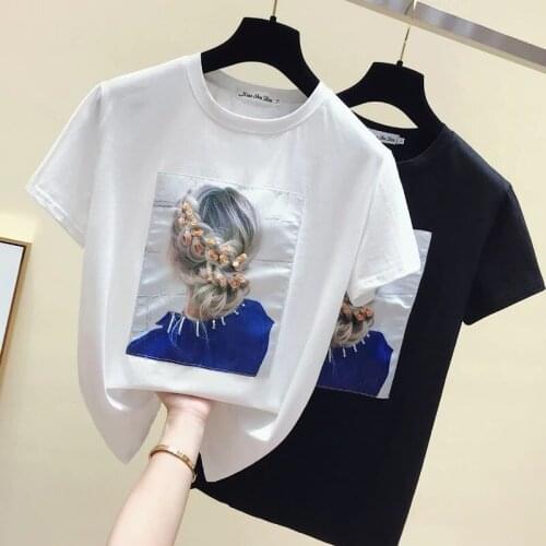 2021 Summer Short Sleeve T shirt Women Tops Appliques Tshirt Cotton Korean Style T-shirt Women Clothes Sequined Tee Shirt Femme