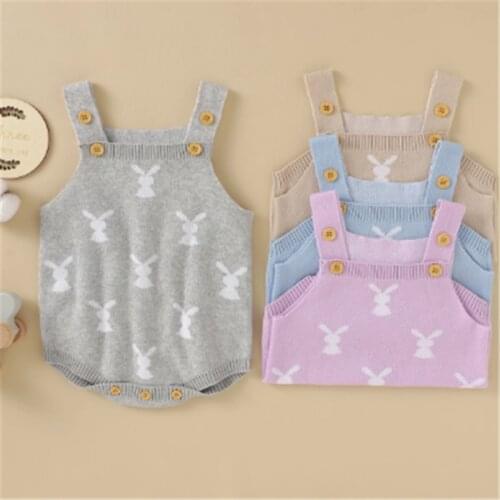2021 Easter Holiday Newborn Baby Girls Boys Bodysuits Knit Rabbit Print Button Sleeveless Jumpsuits