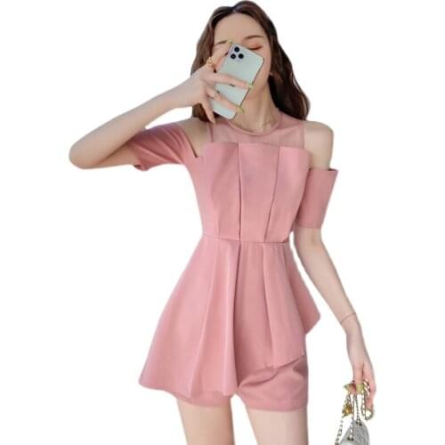 2 Piece Set Women Strapless blouse＋with belt pockets shorts set
