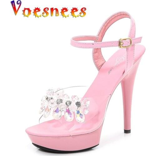 Voesnees Thin Heel Shoes Women Summer High Heel Sandals Fashion Transparent Crystal Open Toe 13 CM Thick Elegant Banquet Shoes