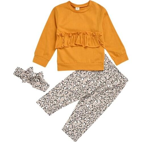 Baby Clothes T-Shirt Pants Hair Band Girls Ruffled Round Neck Long Sleeve Top Print Trousers suits for girl