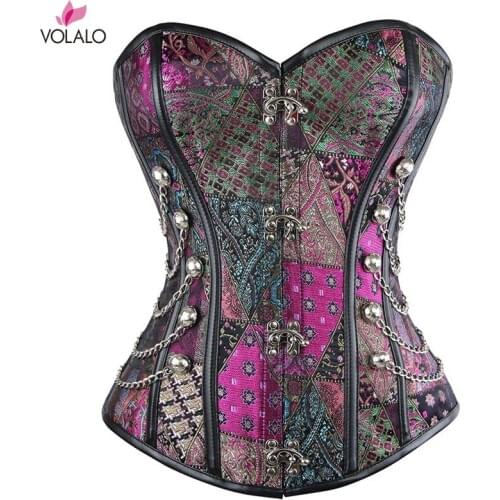 Purple Steampunk Spiral Steel Boned Steampunk Gothic Bustier Corset with Burlesque Costumes Overbust Corset with G-string